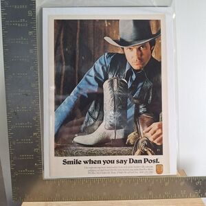 Vintage Dan Post Cowboy Boot Magazine Ad Print - Blue, Brown, Tan